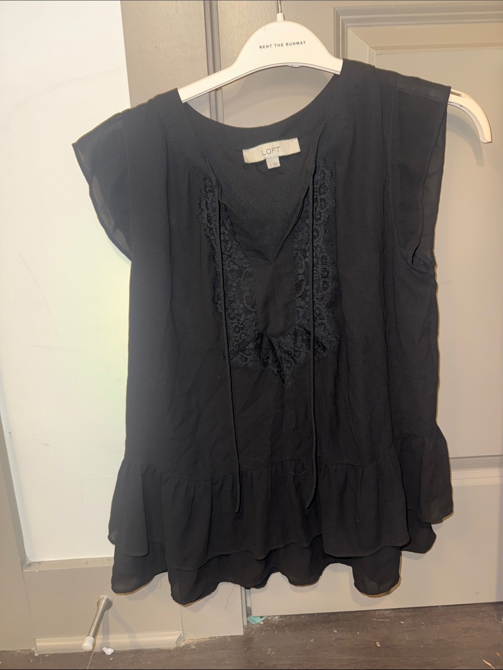 LOFT Black Sleeveless Lace-Trim Ruffle Hem Top